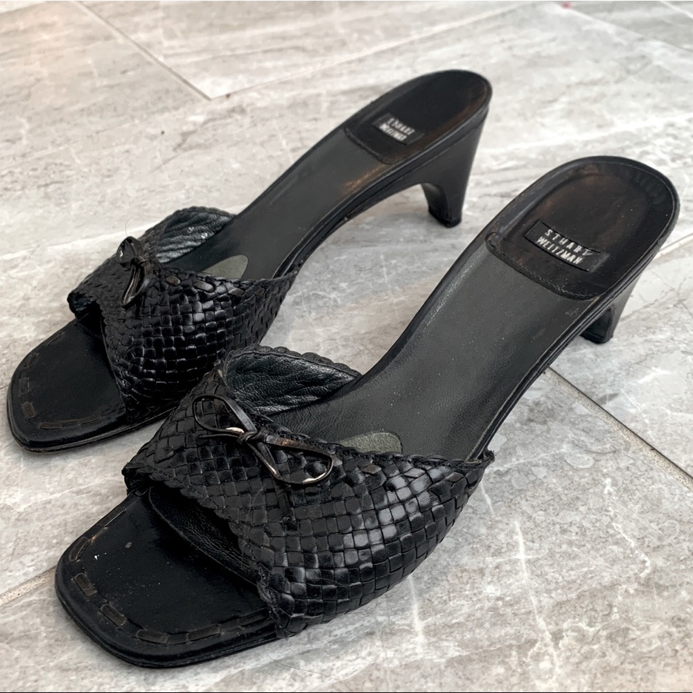 Stuart Weitzman Black Woven Leather Low Kitten Heels Size 9B